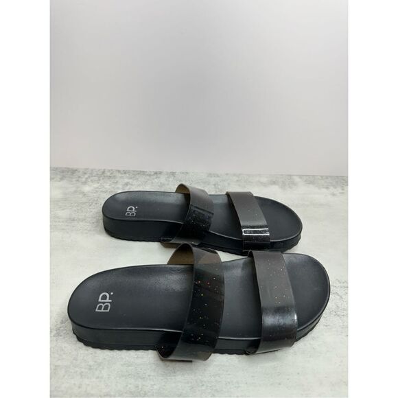 BP Sandals‎ Womens Size 7 Black Double Strap Open Toe Slip On Glittery Slides - Picture 2 of 9